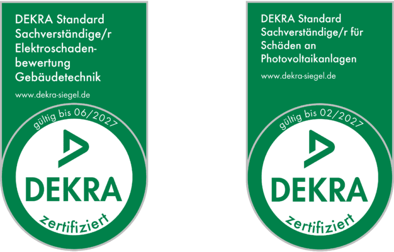DEKRA Siegel - Sachverständige für Schäden an Photovoltaikanlagen und Elektroschadenbewertung Gebäudetechnik